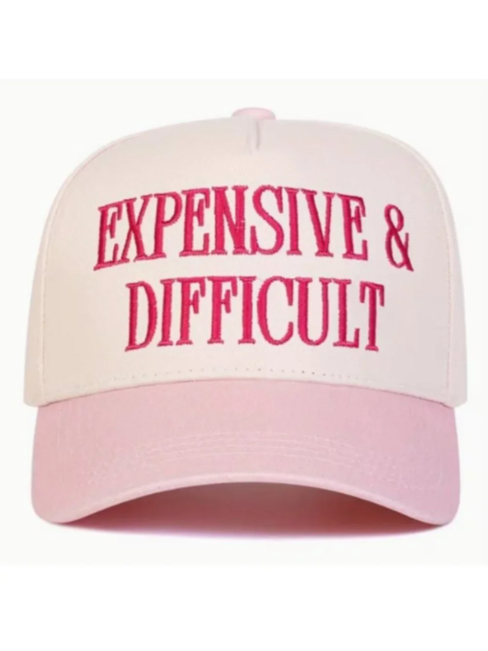 “EXPENSIVE & DIFFICULT” Ivory & Pink Embroidered Snap Back Trucker Hat BRAND-NEW
